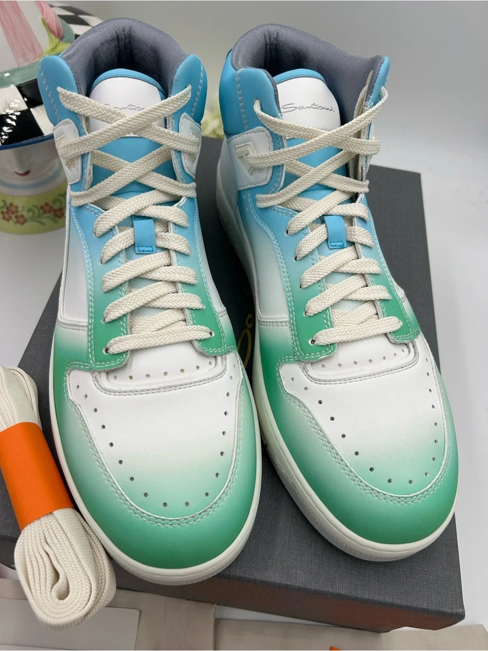 Men's Santoni logo print high top leather sneakers size 12 US made in Italy